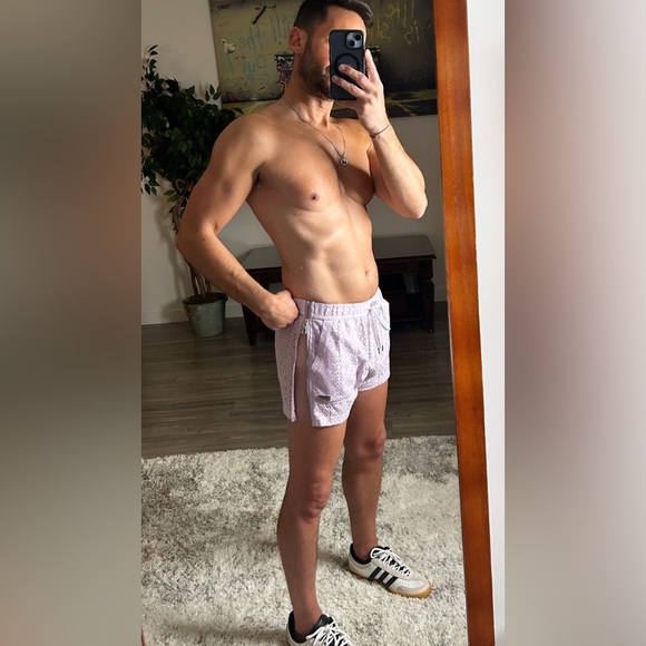 Andrew Christian | Miami Cabana Boy Art Deco 3" Zip Shorts Lavender Sparkle (L) - Picture 13 of 16